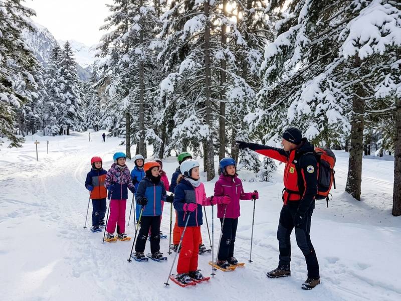 groupe d\élèves en sortie raquettes dans la forêt écoutant leur guide